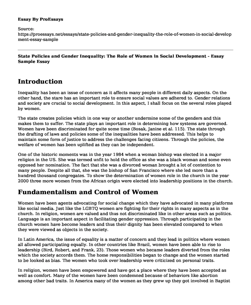 State Policies and Gender Inequality: The Role of Women in Social Development - Essay Sample
