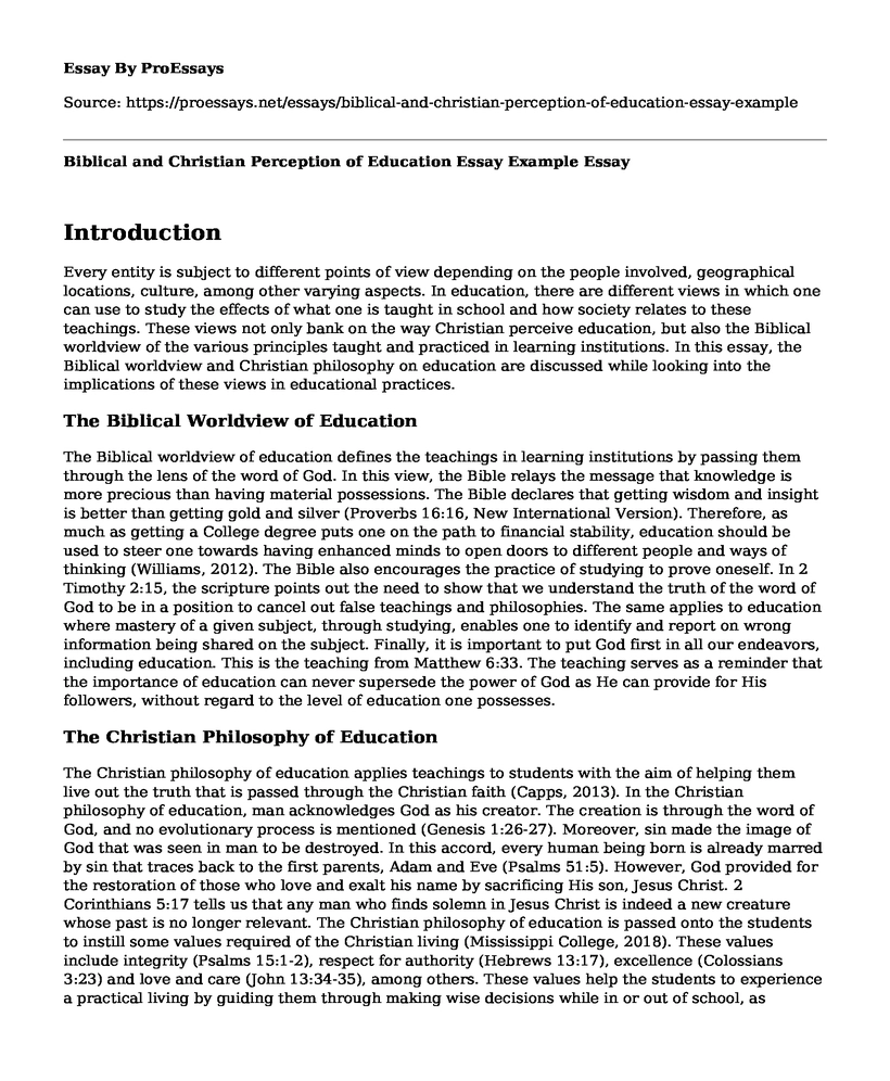 Biblical and Christian Perception of Education Essay Example