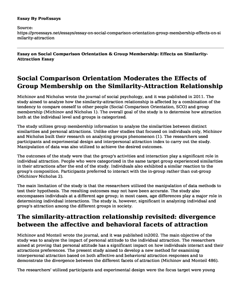 Essay on Social Comparison Orientation & Group Membership: Effects on Similarity-Attraction