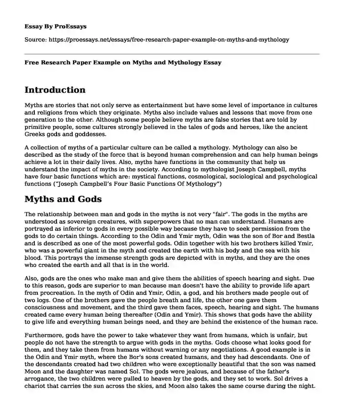 Free Research Paper Example on Myths and Mythology