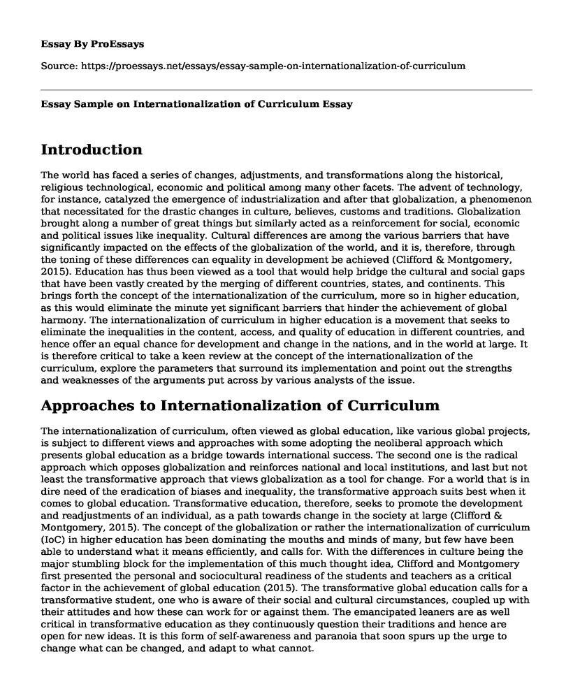 Essay Sample on Internationalization of Curriculum