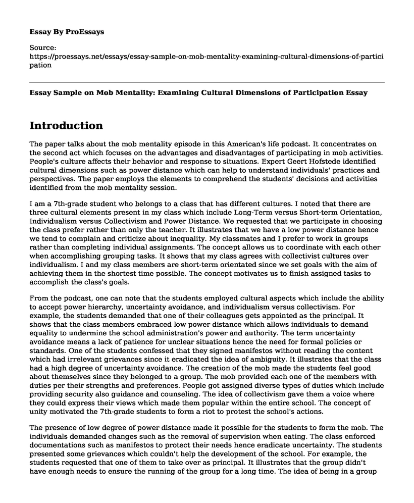 Essay Sample on Mob Mentality: Examining Cultural Dimensions of Participation