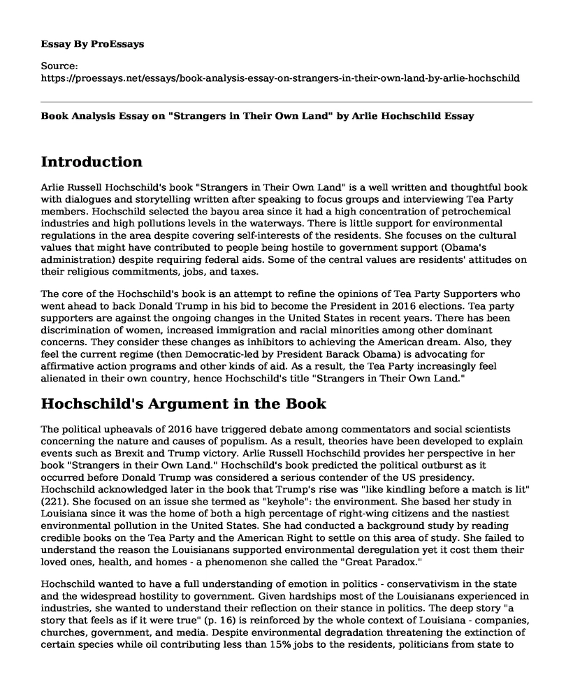 Book Analysis Essay on "Strangers in Their Own Land" by Arlie Hochschild