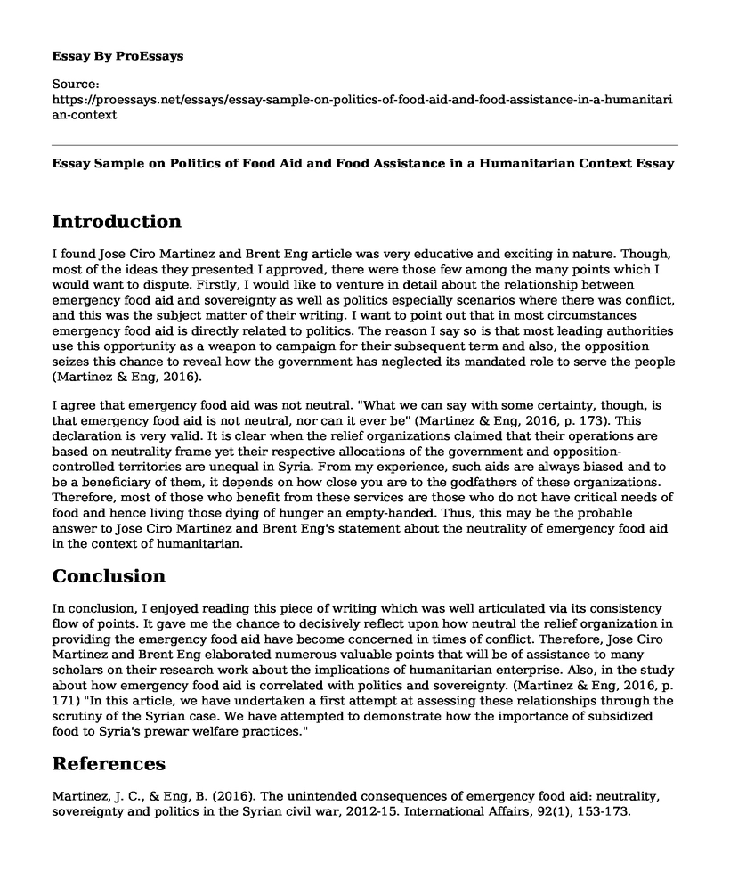 Essay Sample on Politics of Food Aid and Food Assistance in a Humanitarian Context