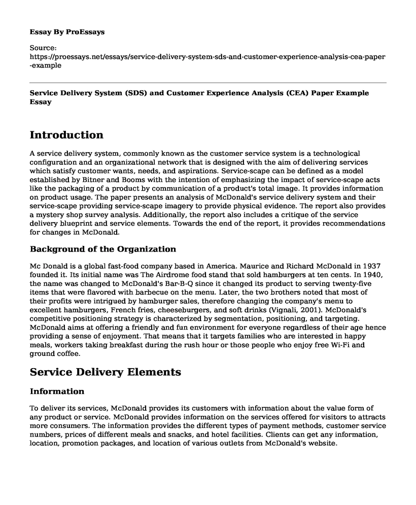 Service Delivery System (SDS) and Customer Experience Analysis (CEA) Paper Example
