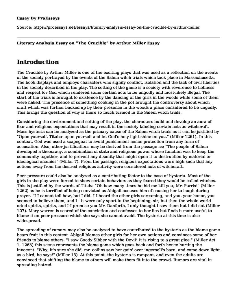 Literary Analysis Essay on "The Crucible" by Arthur Miller