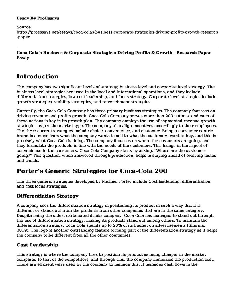 Coca Cola's Business & Corporate Strategies: Driving Profits & Growth - Research Paper