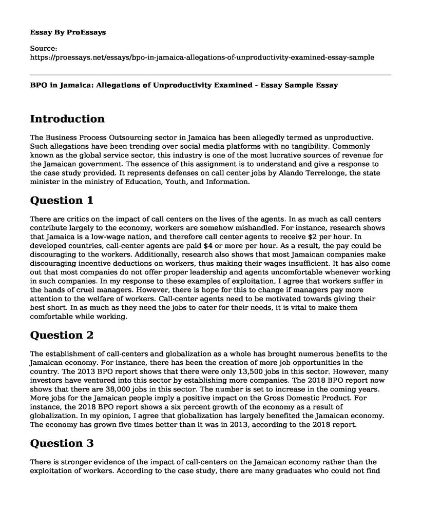 BPO in Jamaica: Allegations of Unproductivity Examined - Essay Sample