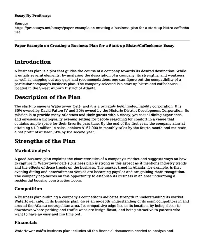 Paper Example on Creating a Business Plan for a Start-up Bistro/Coffeehouse