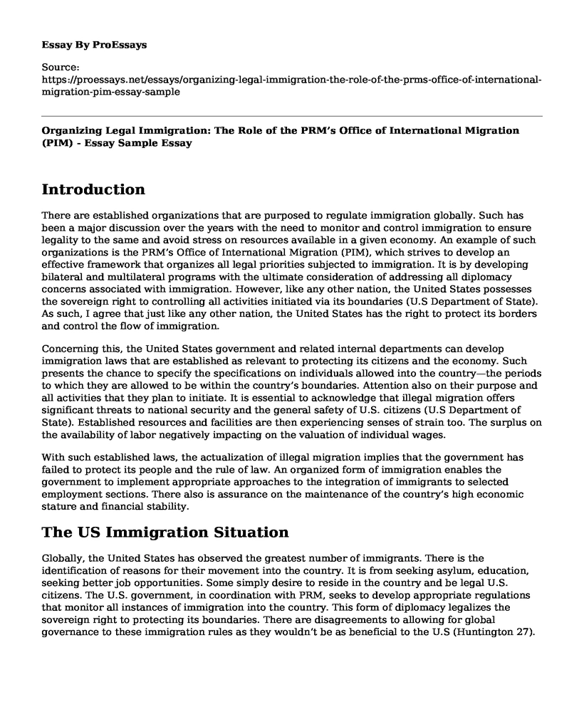 Organizing Legal Immigration: The Role of the PRM's Office of International Migration (PIM) - Essay Sample