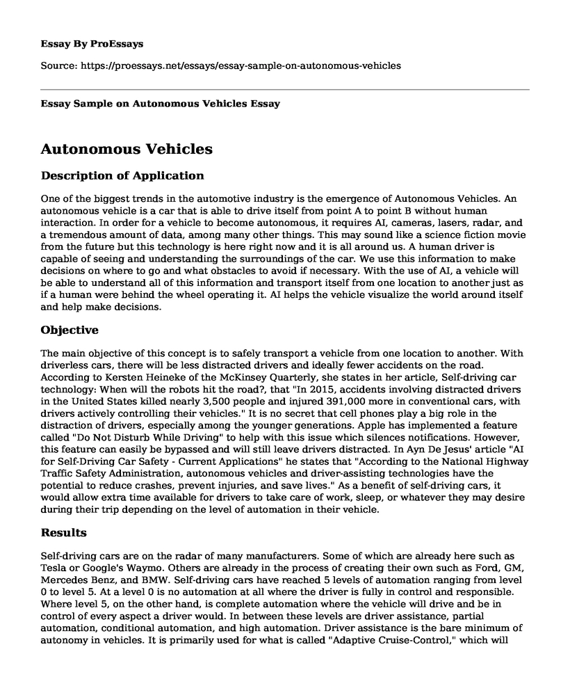 Essay Sample on Autonomous Vehicles