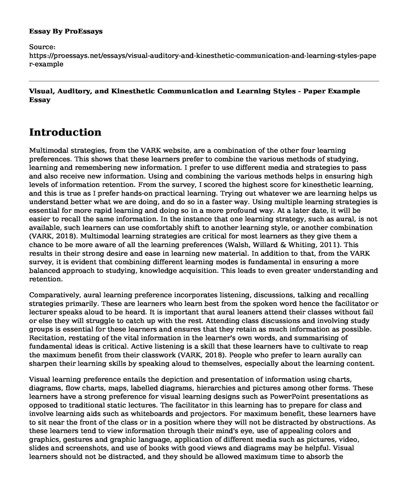 Visual, Auditory, and Kinesthetic Communication and Learning Styles - Paper Example