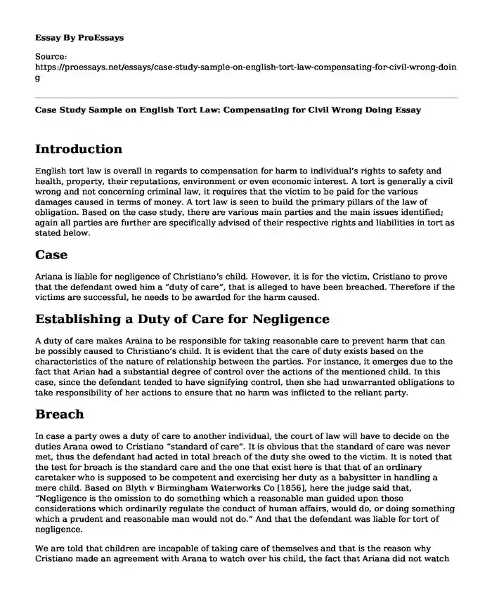 Case Study Sample on English Tort Law: Compensating for Civil Wrong Doing