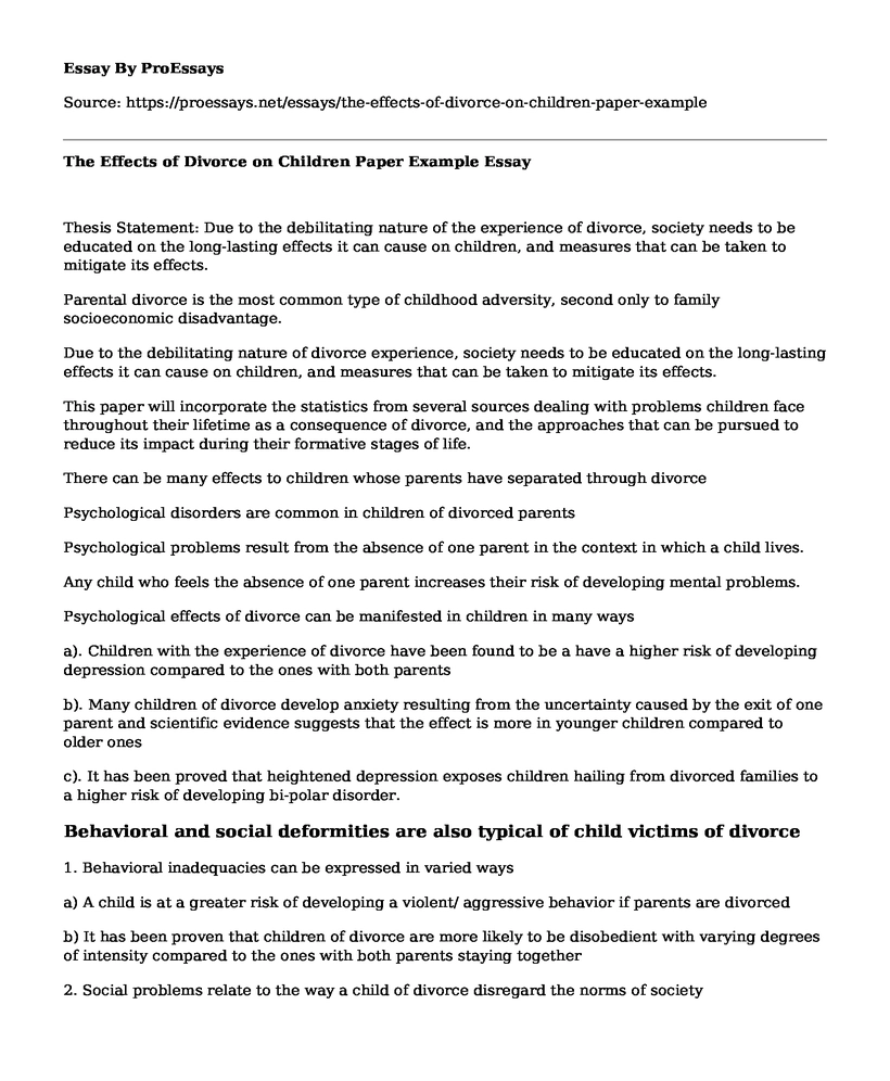 The Effects of Divorce on Children Paper Example
