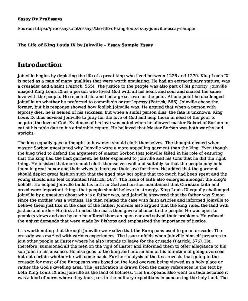 The Life of King Louis IX by Joinville - Essay Sample