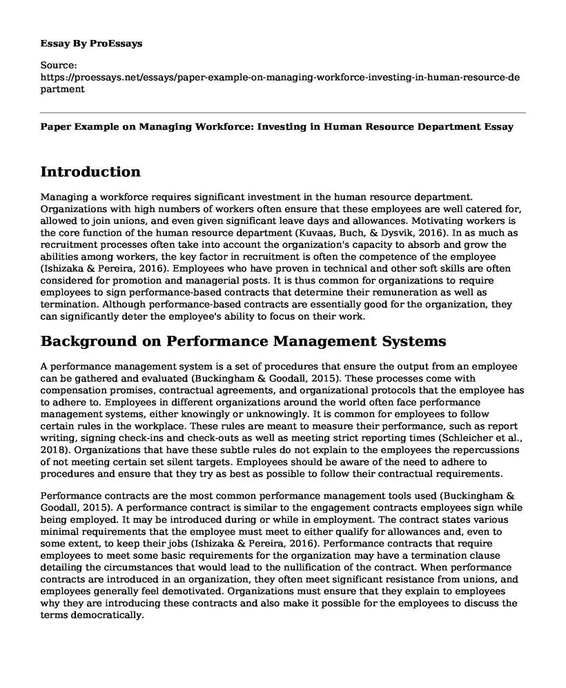 Paper Example on Managing Workforce: Investing in Human Resource Department
