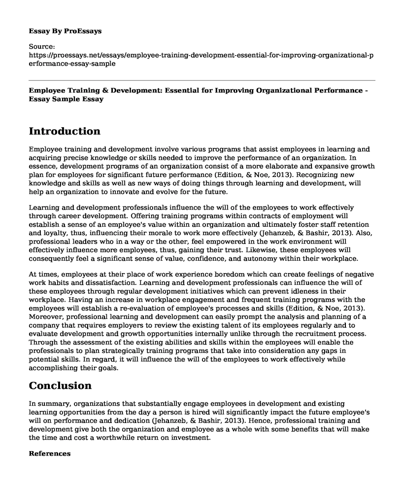 Employee Training & Development: Essential for Improving Organizational Performance - Essay Sample