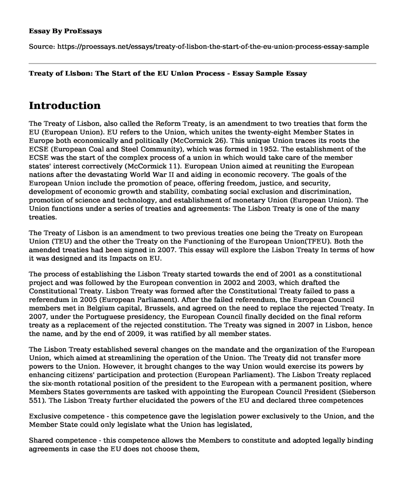 Treaty of Lisbon: The Start of the EU Union Process - Essay Sample