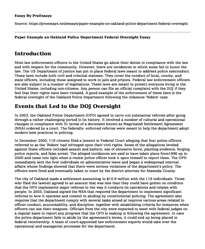 Paper Example on Oakland Police Department Federal Oversight
