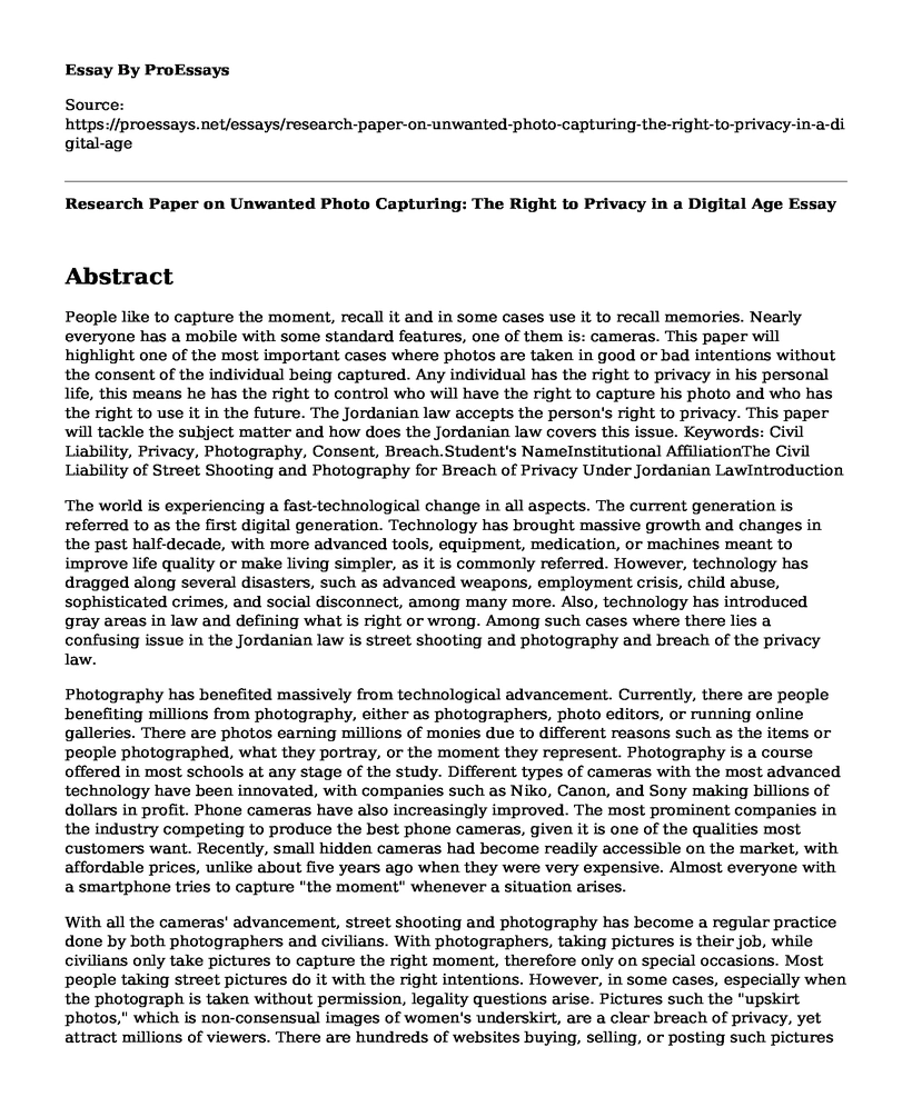 Research Paper on Unwanted Photo Capturing: The Right to Privacy in a Digital Age