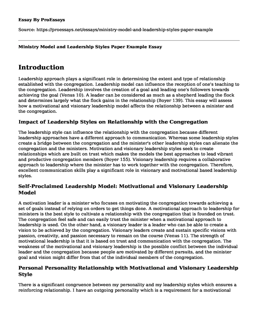 Ministry Model and Leadership Styles Paper Example