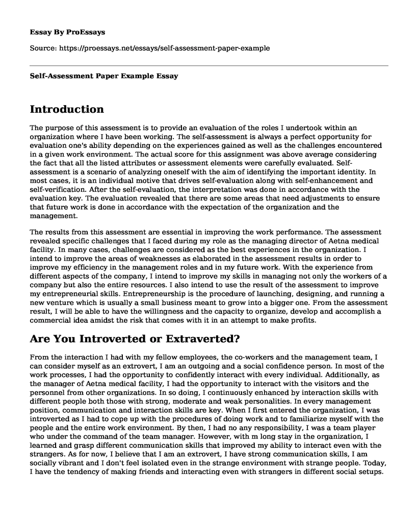 Self-Assessment Paper Example