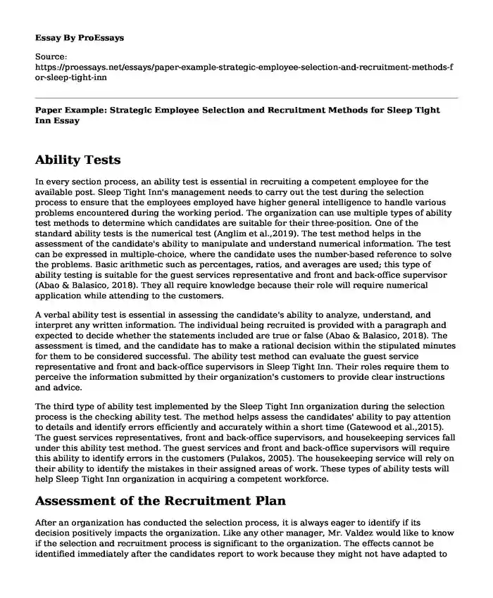Paper Example: Strategic Employee Selection and Recruitment Methods for Sleep Tight Inn