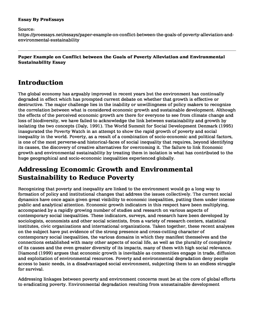 Paper Example on Conflict between the Goals of Poverty Alleviation and Environmental Sustainability