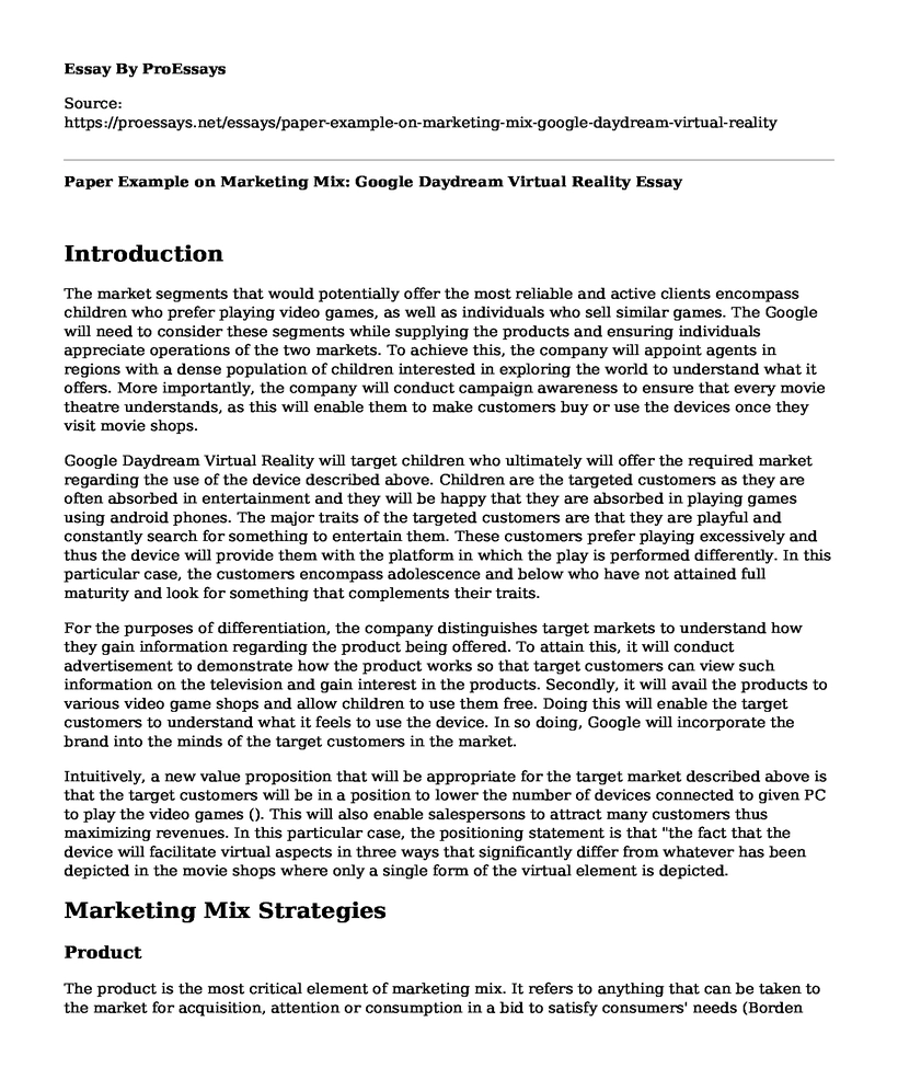 Paper Example on Marketing Mix: Google Daydream Virtual Reality