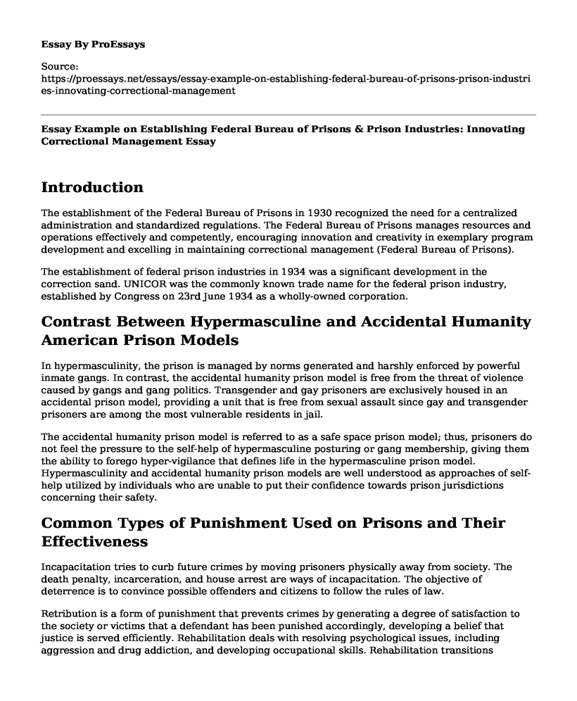Essay Example on Establishing Federal Bureau of Prisons & Prison Industries: Innovating Correctional Management