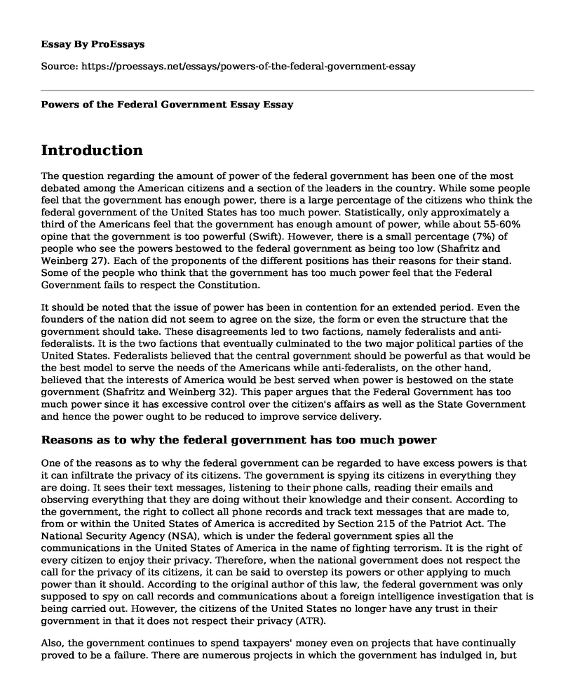 Powers of the Federal Government Essay