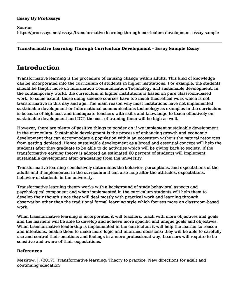 Transformative Learning Through Curriculum Development - Essay Sample