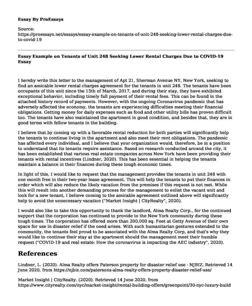 Essay Example on Tenants of Unit 248 Seeking Lower Rental Charges Due to COVID-19
