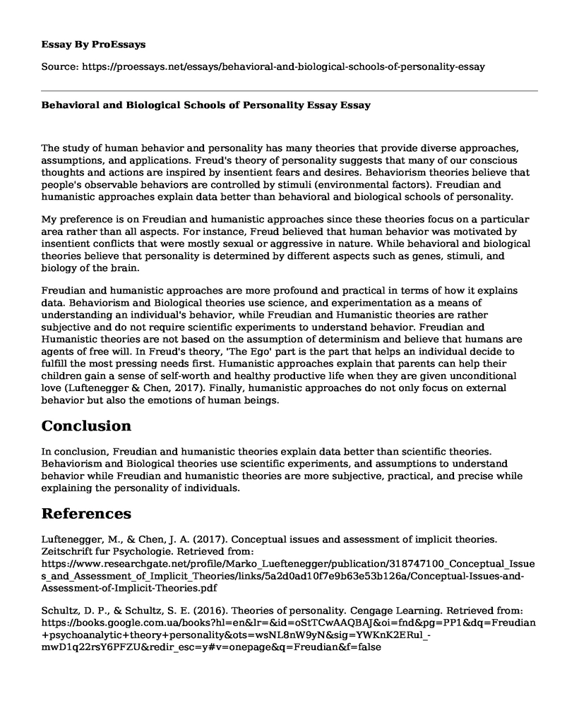 Behavioral and Biological Schools of Personality Essay