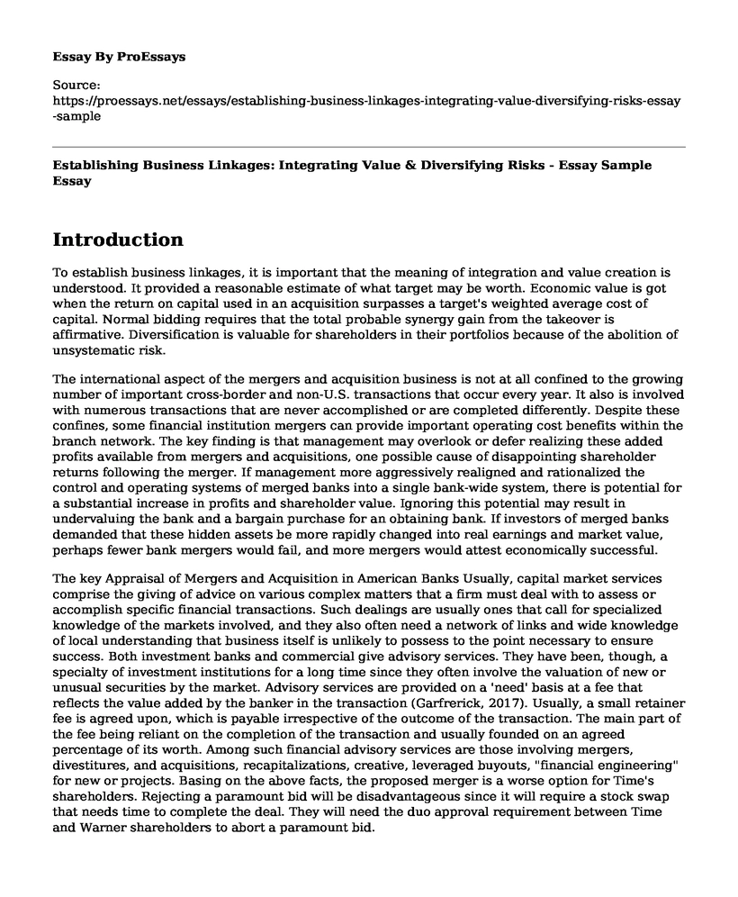 Establishing Business Linkages: Integrating Value & Diversifying Risks - Essay Sample