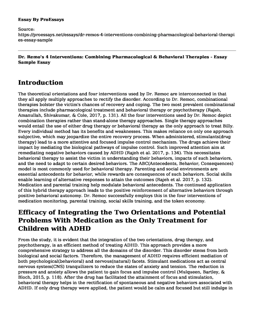 Dr. Remo's 4 Interventions: Combining Pharmacological & Behavioral Therapies - Essay Sample