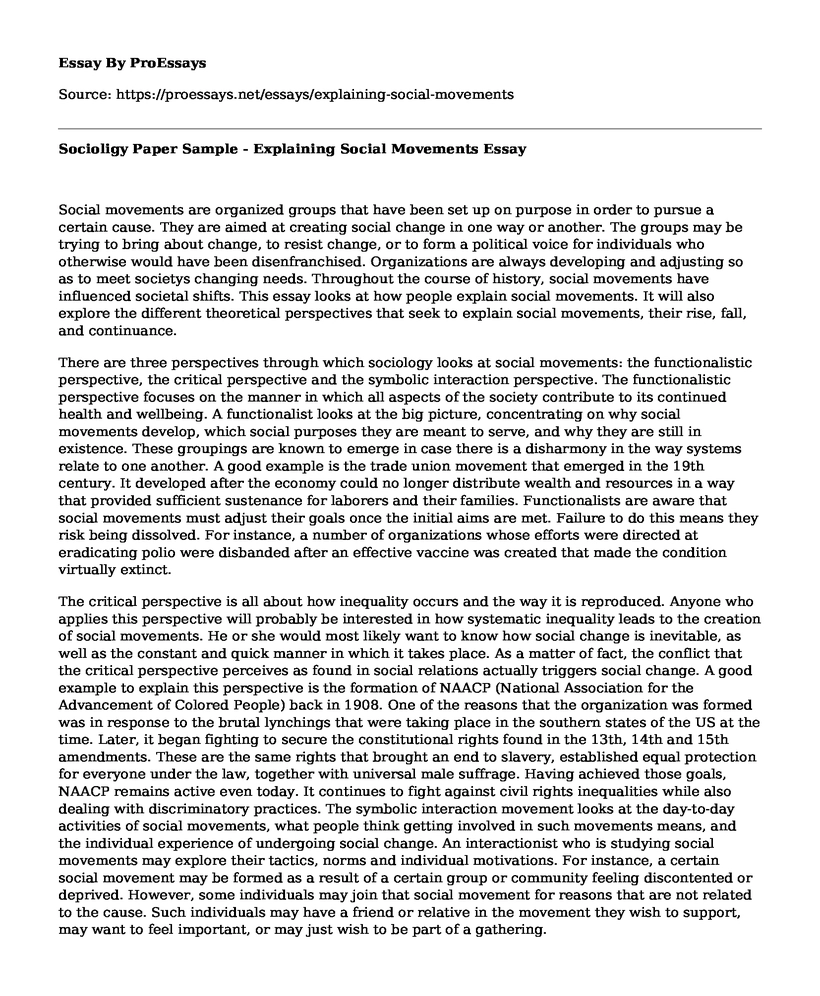 Socioligy Paper Sample - Explaining Social Movements