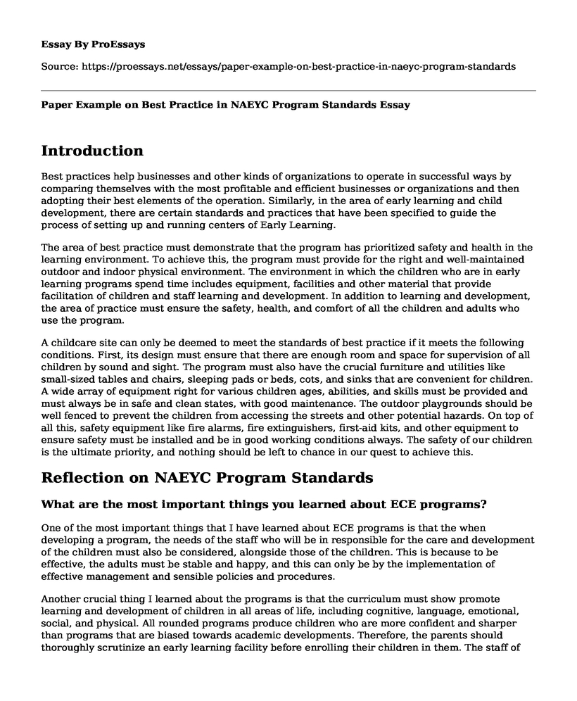 Paper Example on Best Practice in NAEYC Program Standards