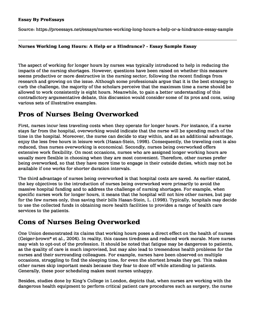 Nurses Working Long Hours: A Help or a Hindrance? - Essay Sample