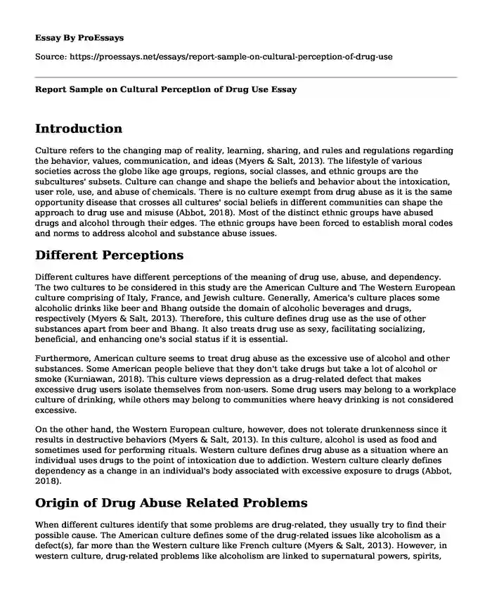 Report Sample on Cultural Perception of Drug Use