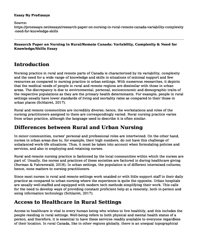 Research Paper on Nursing in Rural/Remote Canada: Variability, Complexity & Need for Knowledge/Skills