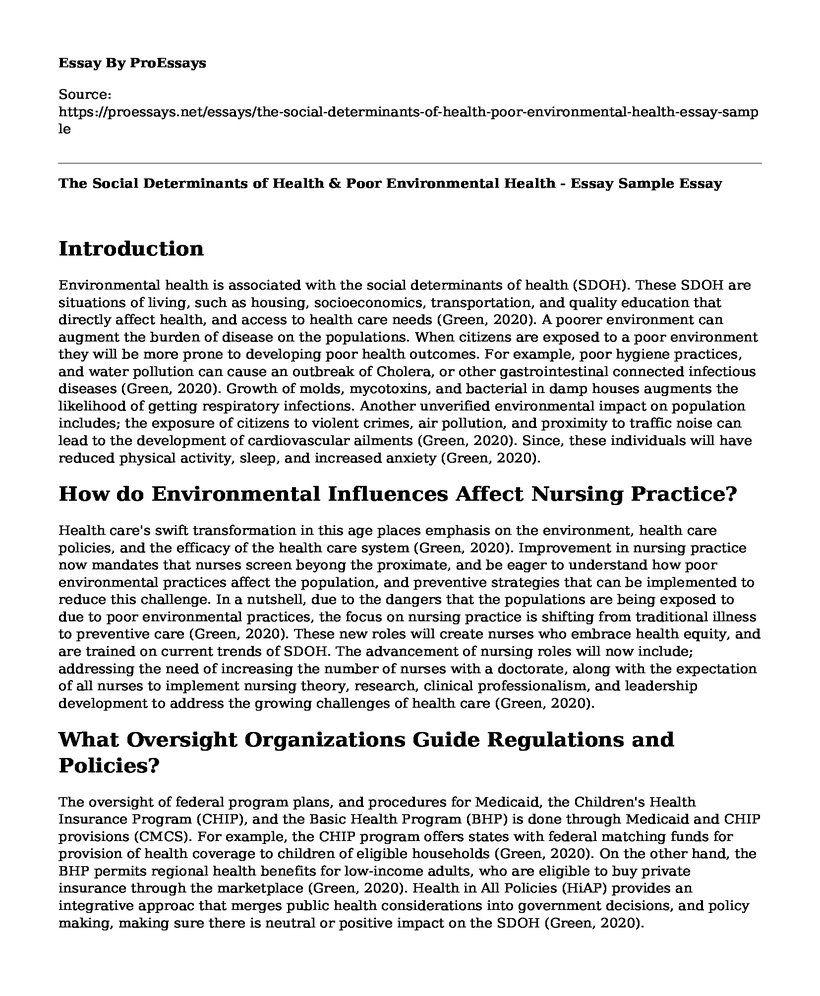 The Social Determinants of Health & Poor Environmental Health - Essay Sample