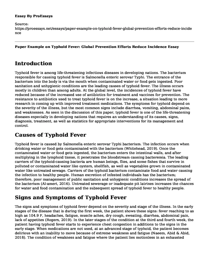 Paper Example on Typhoid Fever: Global Prevention Efforts Reduce Incidence