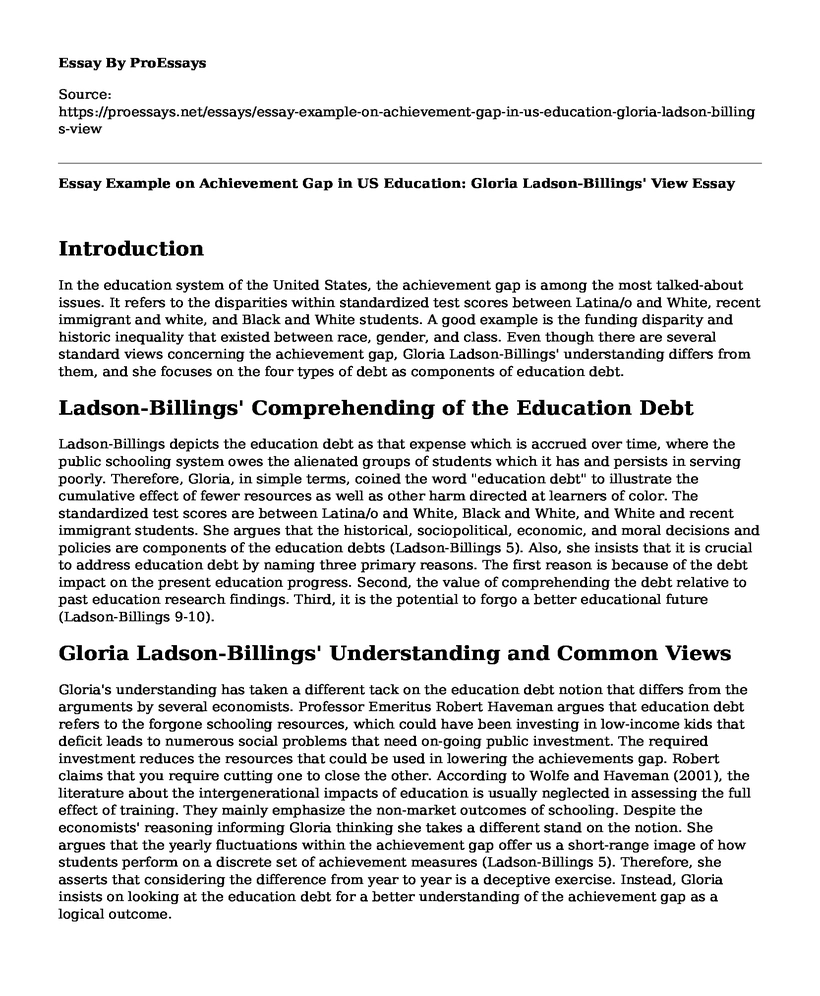 Essay Example on Achievement Gap in US Education: Gloria Ladson-Billings' View