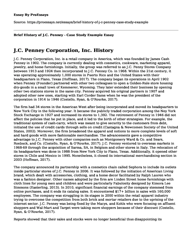 Brief History of J.C. Penney - Case Study Example