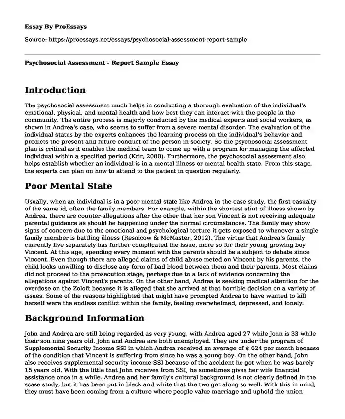 Psychosocial Assessment - Report Sample