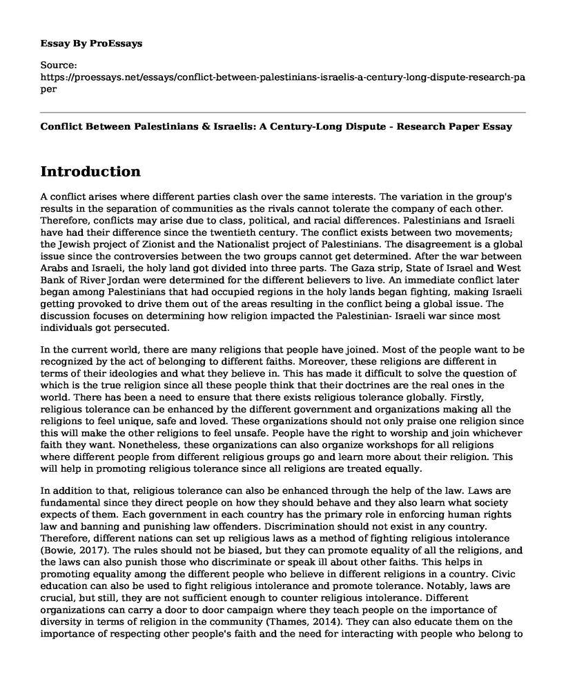 Conflict Between Palestinians & Israelis: A Century-Long Dispute - Research Paper