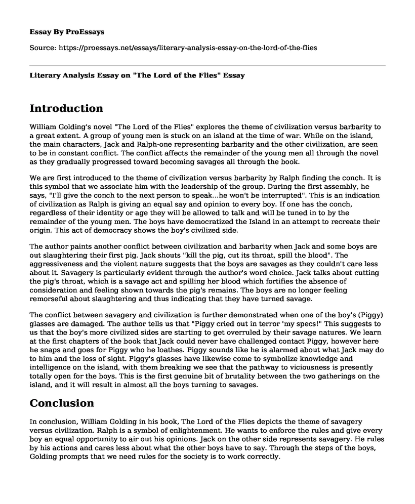 Literary Analysis Essay on "The Lord of the Flies"