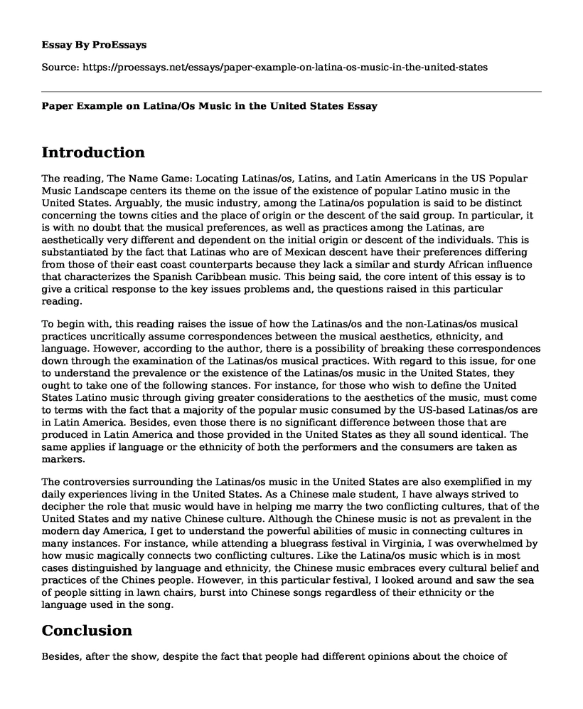 Paper Example on Latina/Os Music in the United States