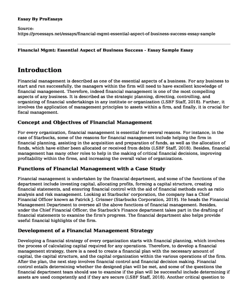 Financial Mgmt: Essential Aspect of Business Success - Essay Sample
